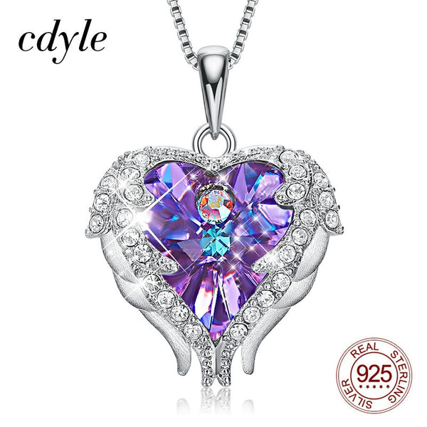 Women Sterling Silver Necklace with Purple Crystal Angel Wings Heart Pendant Necklace Birthday Gift